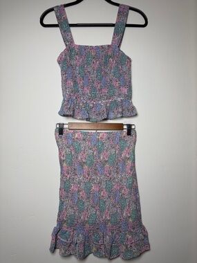 Haute Monde women’s Lavender Pink Green Floral Smocked Skirt Set ruched small